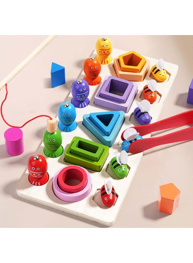 كابسترو لعبة صيد وفرز خشبية للأطفال | لعبة تعليمية ثلاثية في واحد بتصميم النحل لمطابقة الألوان وفرز الأشكال وتنمية التنسيق بين اليد والعين | لعبة تعليمية عملية لمرحلة الطفولة المبكرة - Image 1